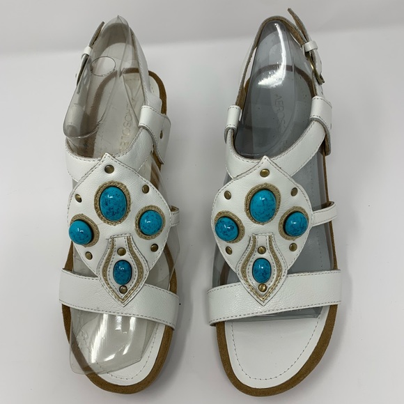 Aerosoles 9M Grand Jewel White Leather & Turquoise Jeweled Sandals shoes NEW - Picture 2 of 9